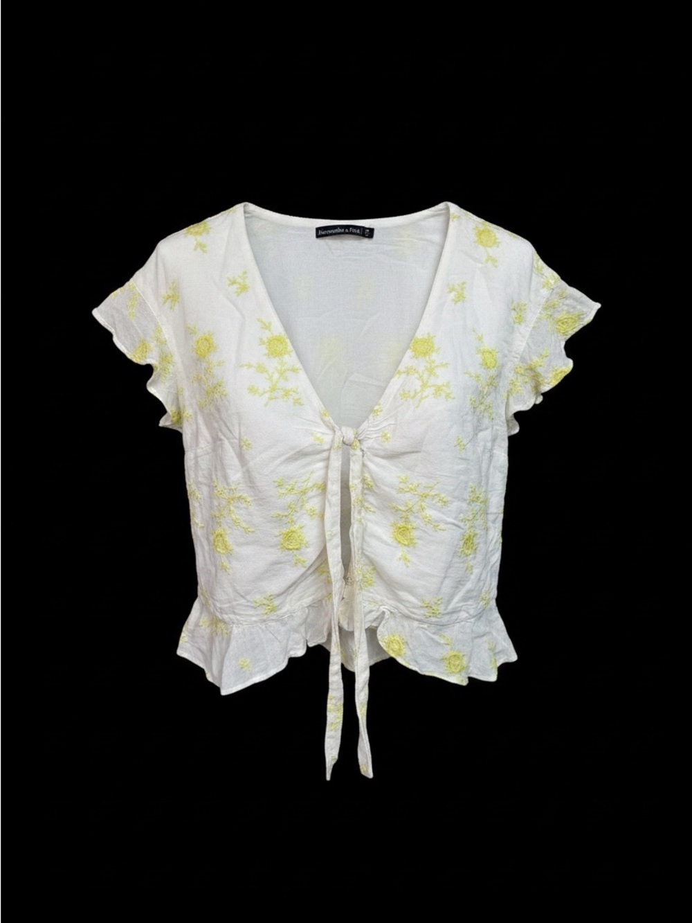 Abercrombie & Fitch White Tie-Front Top with Yellow Floral Embroidery